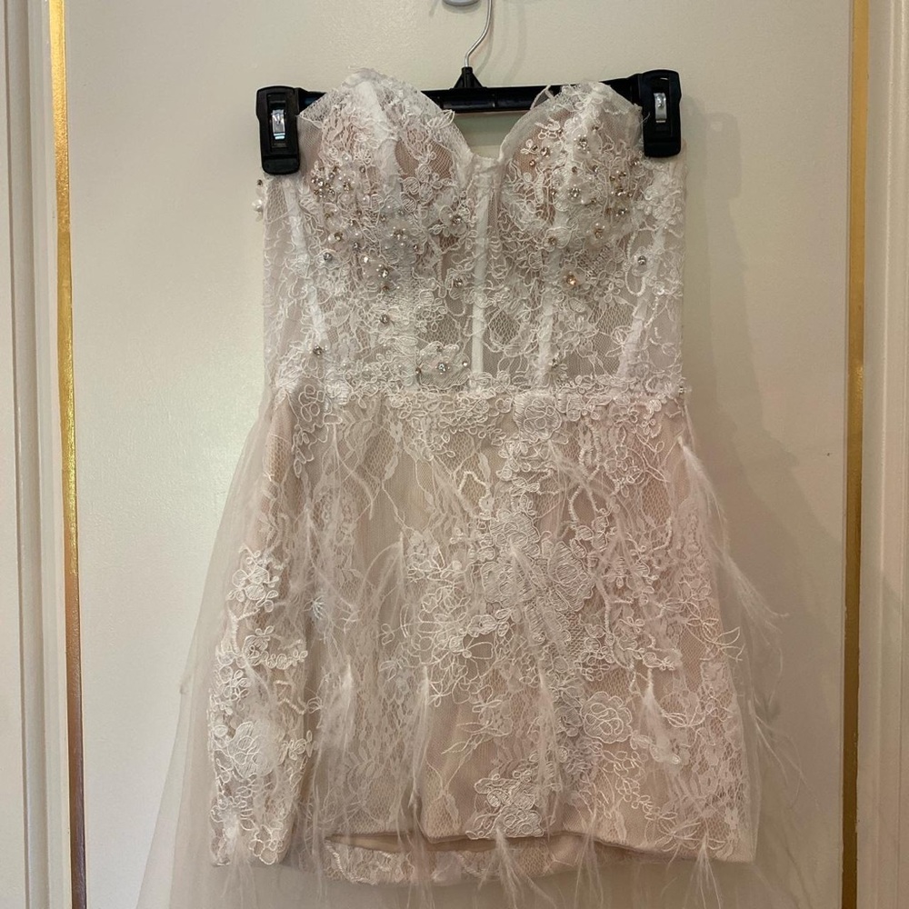 mini white lace feather gown with overskirt and rhinestones - Picture 4 of 4